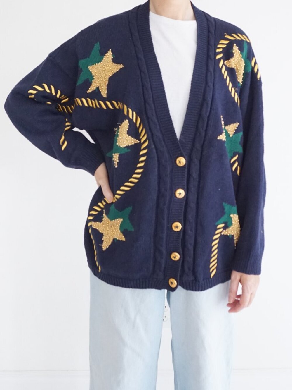 Vintage Maggie Lawrence Navy Star Rope Nautical Coastal Button Cardigan 18/20